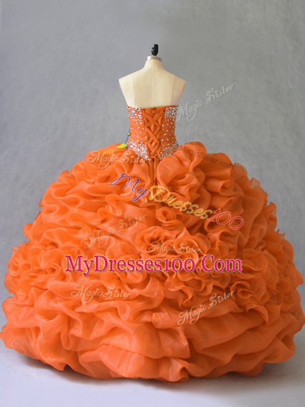 Floor Length Orange Sweet 16 Quinceanera Dress Organza Sleeveless Beading and Pick Ups