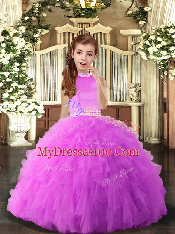 High Class Lilac Sleeveless Tulle Backless Pageant Gowns For Girls for Party and Sweet 16 and Wedding Party