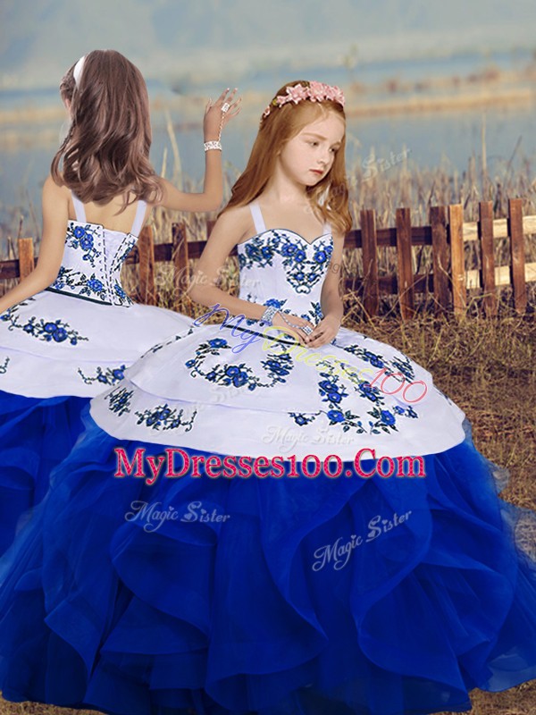 Royal Blue Backless Straps Embroidery and Ruffles Pageant Gowns Organza Sleeveless