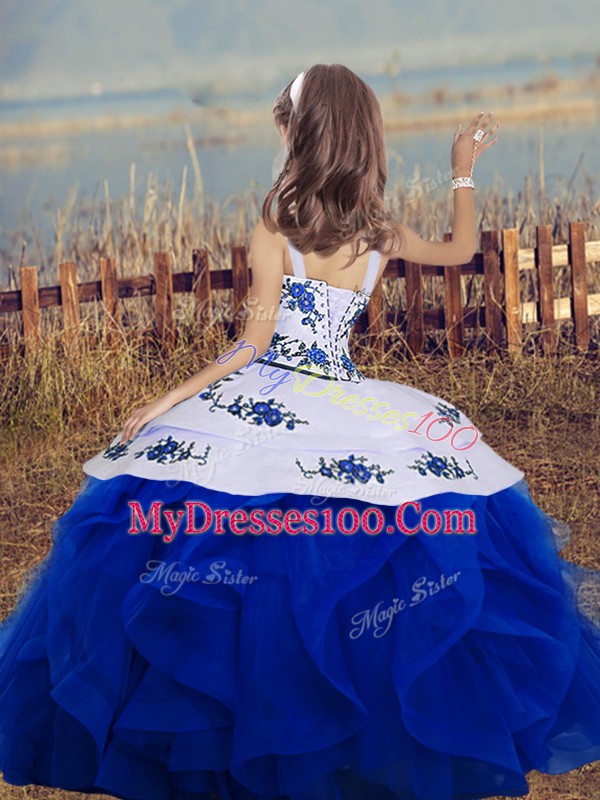 Royal Blue Backless Straps Embroidery and Ruffles Pageant Gowns Organza Sleeveless