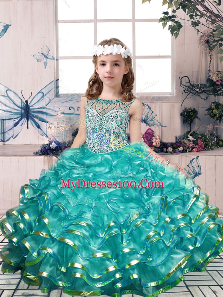 Stunning Sleeveless Organza Floor Length Lace Up Little Girl Pageant Dress in Teal with Beading and Ruffles