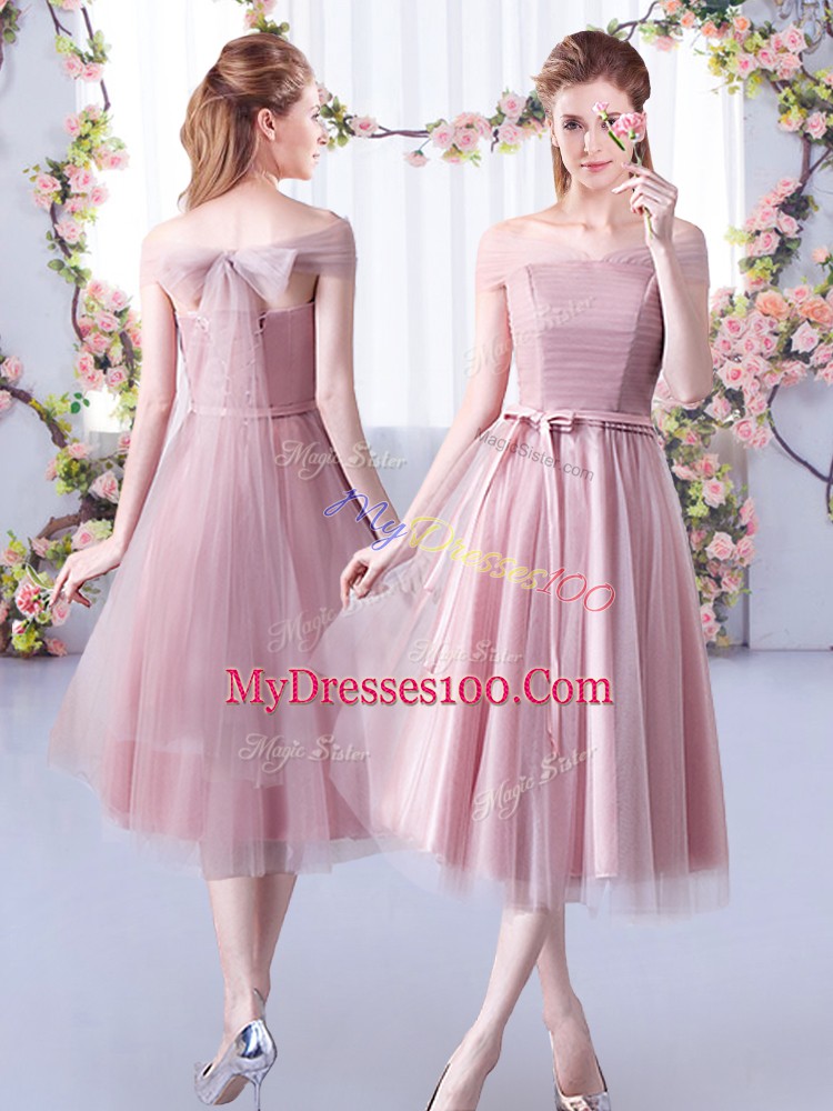 Modern Pink Sleeveless Tulle Lace Up Bridesmaid Dresses for Wedding Party