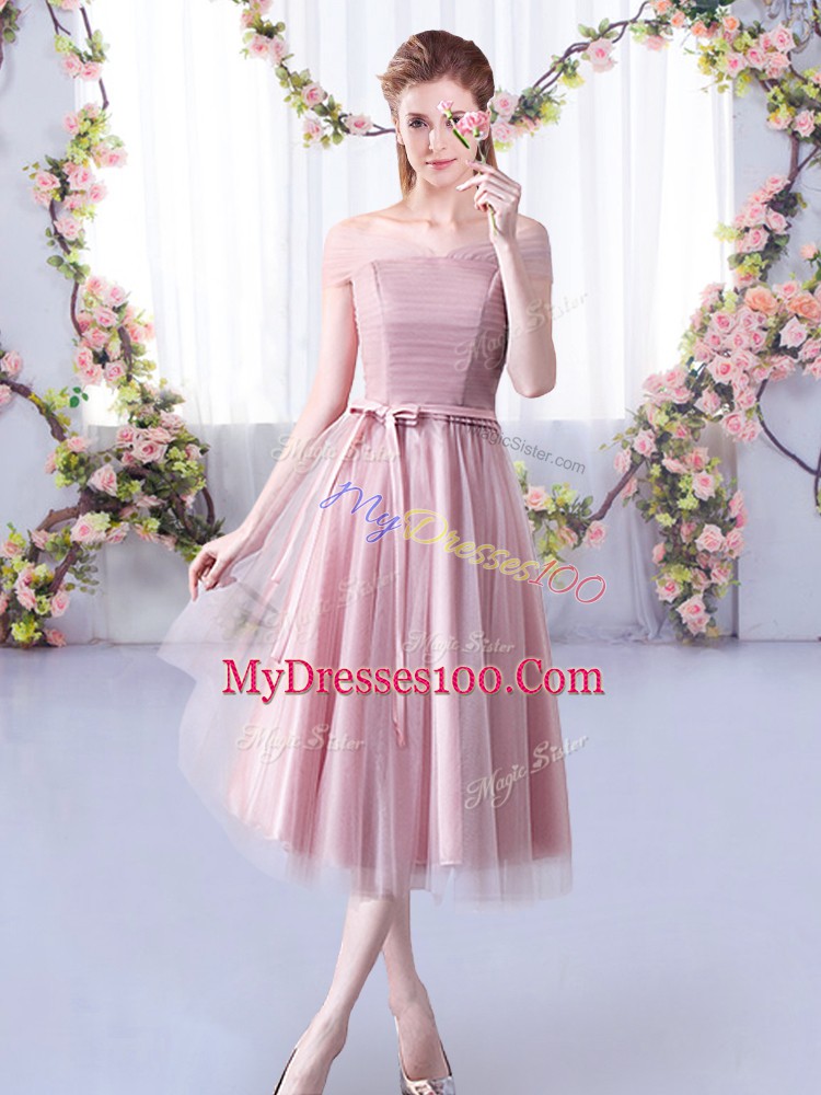 Modern Pink Sleeveless Tulle Lace Up Bridesmaid Dresses for Wedding Party