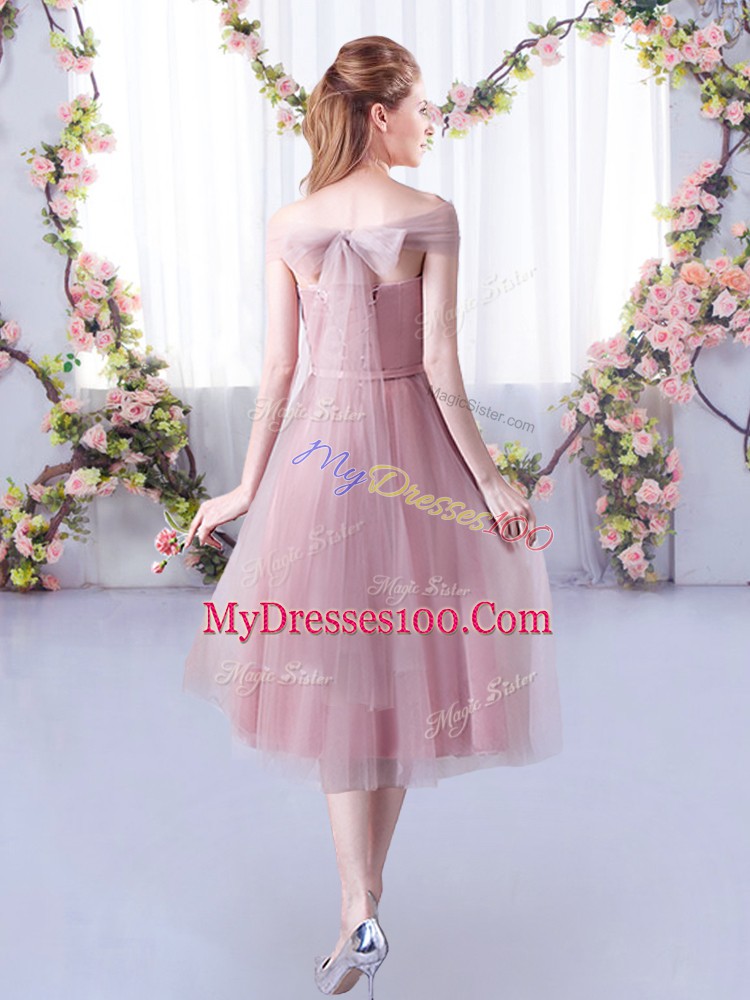 Modern Pink Sleeveless Tulle Lace Up Bridesmaid Dresses for Wedding Party