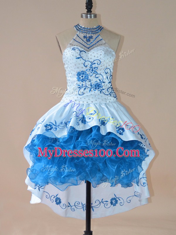 Blue Ball Gowns Embroidery and Ruffles Evening Dress Lace Up Satin and Organza Sleeveless High Low