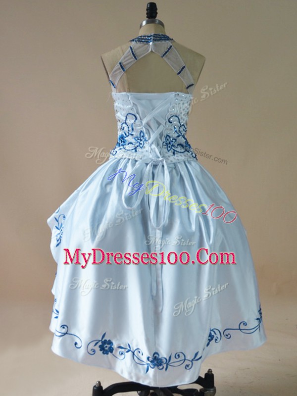 Blue Ball Gowns Embroidery and Ruffles Evening Dress Lace Up Satin and Organza Sleeveless High Low