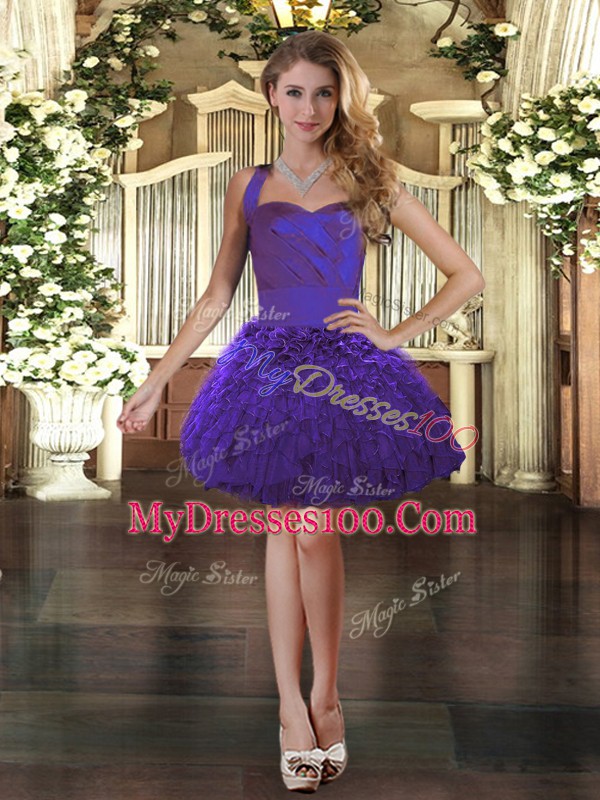 Organza Halter Top Sleeveless Lace Up Ruffles Cocktail Dresses in Purple