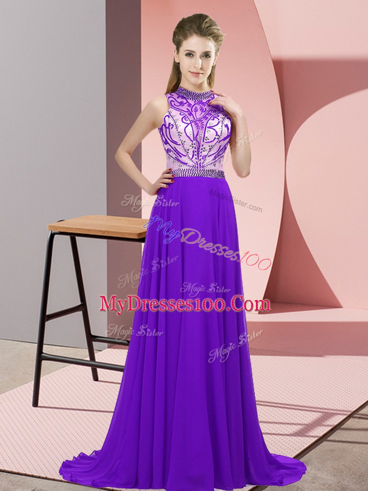 Brush Train Empire Juniors Party Dress Purple Halter Top Chiffon Sleeveless Backless