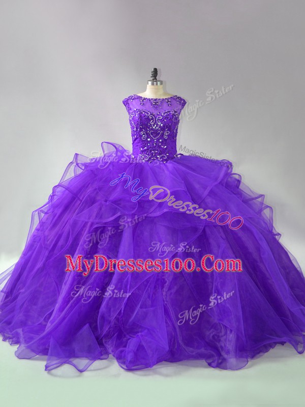 Decent Purple Sleeveless Brush Train Beading and Ruffles Vestidos de Quinceanera