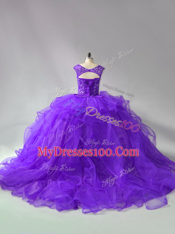 Decent Purple Sleeveless Brush Train Beading and Ruffles Vestidos de Quinceanera