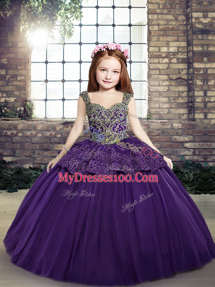 Purple Ball Gowns Straps Sleeveless Tulle Floor Length Lace Up Beading and Appliques Pageant Dress