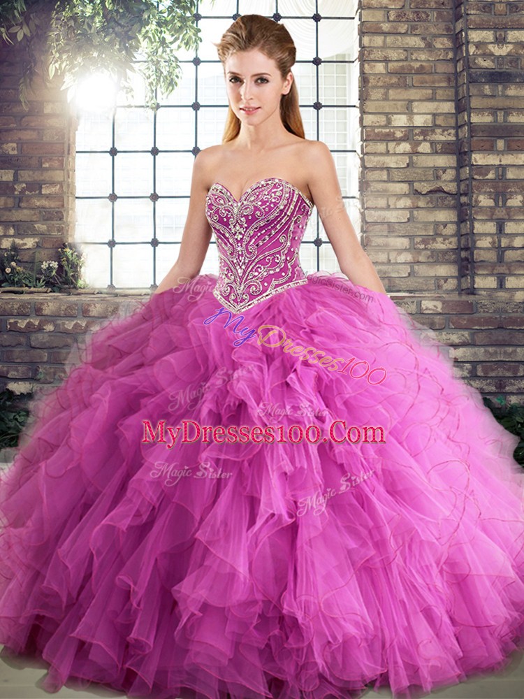 Affordable Rose Pink Tulle Lace Up Quince Ball Gowns Sleeveless Floor Length Beading and Ruffles