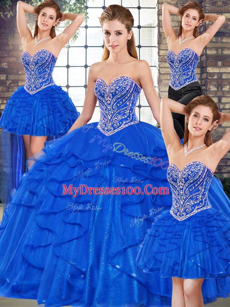 Unique Tulle Sweetheart Sleeveless Lace Up Beading and Ruffles Sweet 16 Dresses in Royal Blue