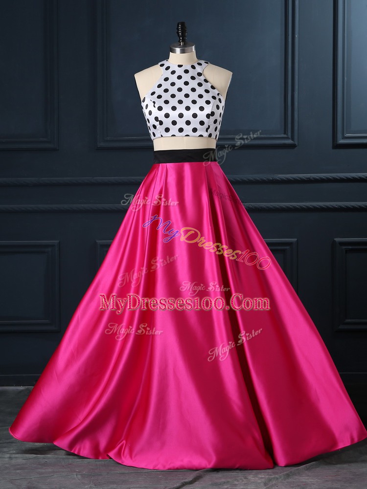 Charming Floor Length Two Pieces Sleeveless Hot Pink Prom Dresses Lace Up