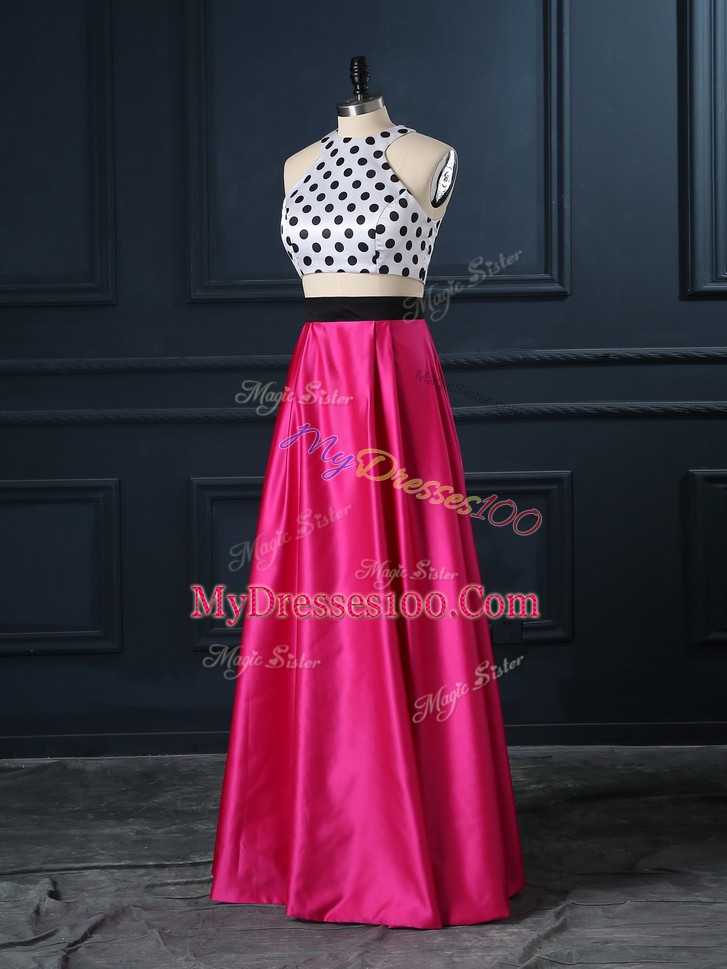 Charming Floor Length Two Pieces Sleeveless Hot Pink Prom Dresses Lace Up