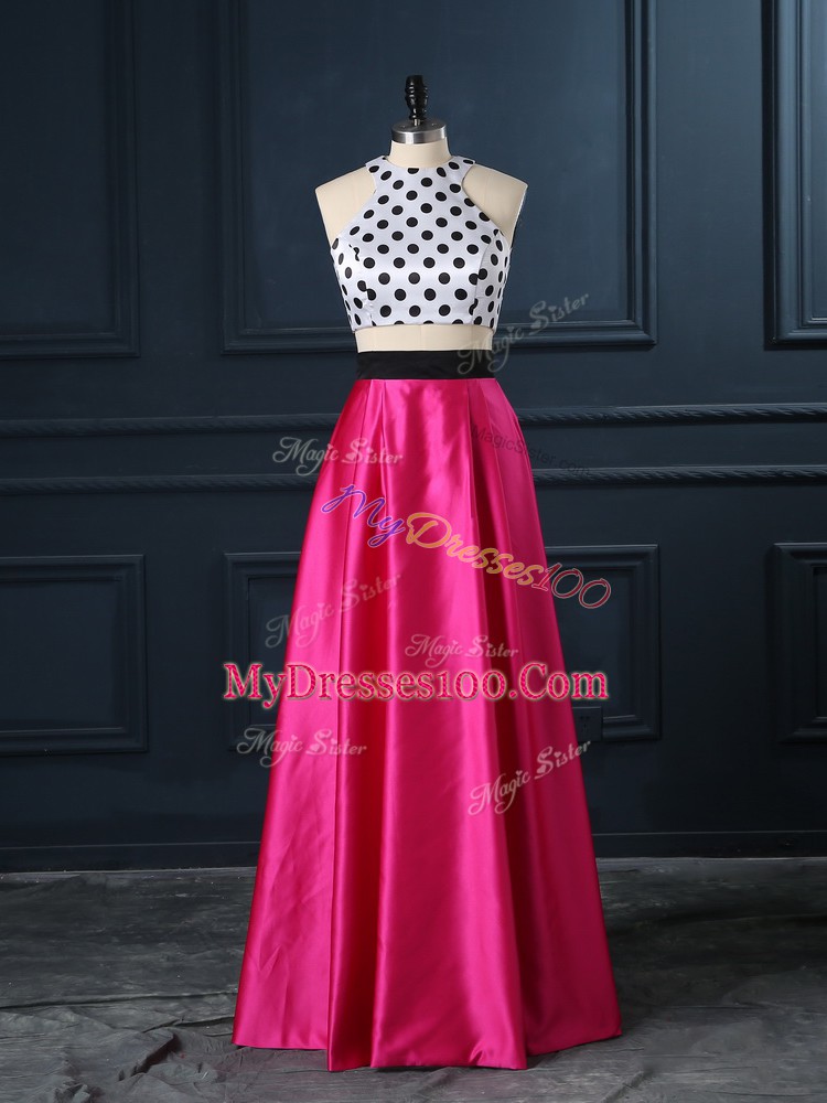 Charming Floor Length Two Pieces Sleeveless Hot Pink Prom Dresses Lace Up
