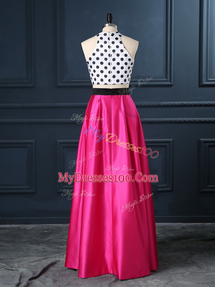 Charming Floor Length Two Pieces Sleeveless Hot Pink Prom Dresses Lace Up