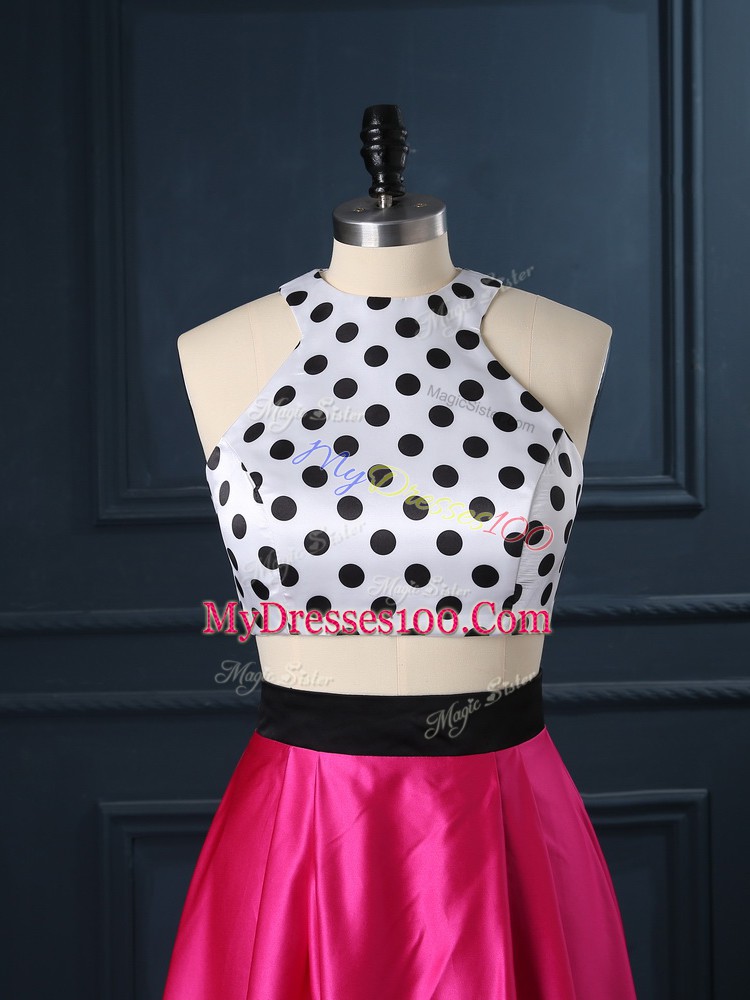 Charming Floor Length Two Pieces Sleeveless Hot Pink Prom Dresses Lace Up
