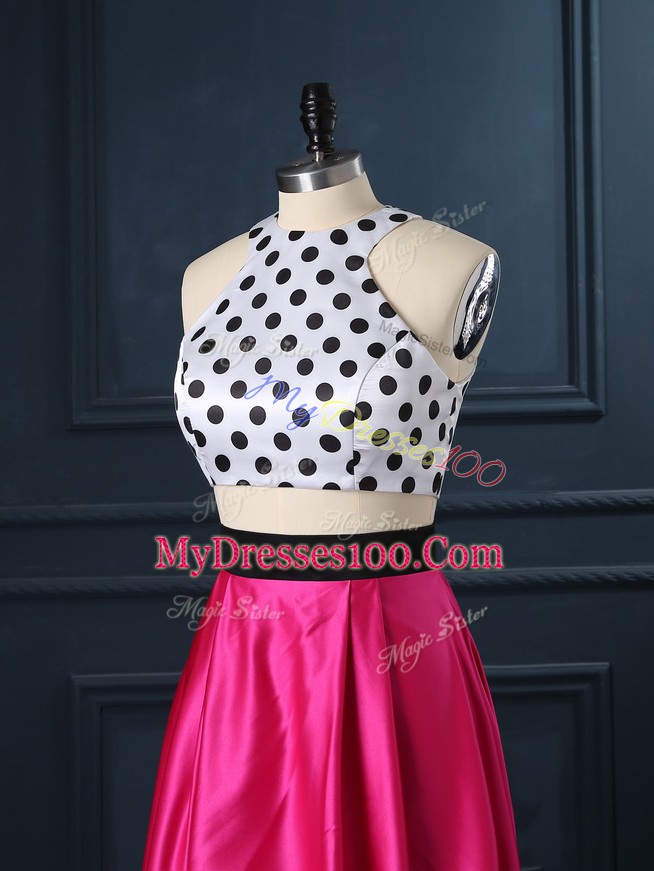 Charming Floor Length Two Pieces Sleeveless Hot Pink Prom Dresses Lace Up