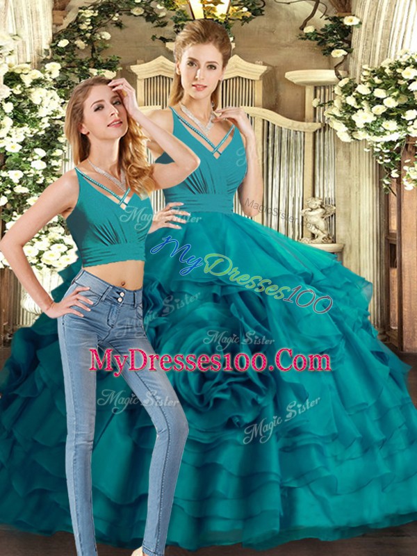 Romantic Sleeveless Organza Sweep Train Backless Quinceanera Gowns in Teal with Ruffled Layers