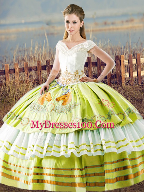 Designer Floor Length Lace Up Sweet 16 Dress Yellow Green for Sweet 16 and Quinceanera with Embroidery and Ruffled Layers