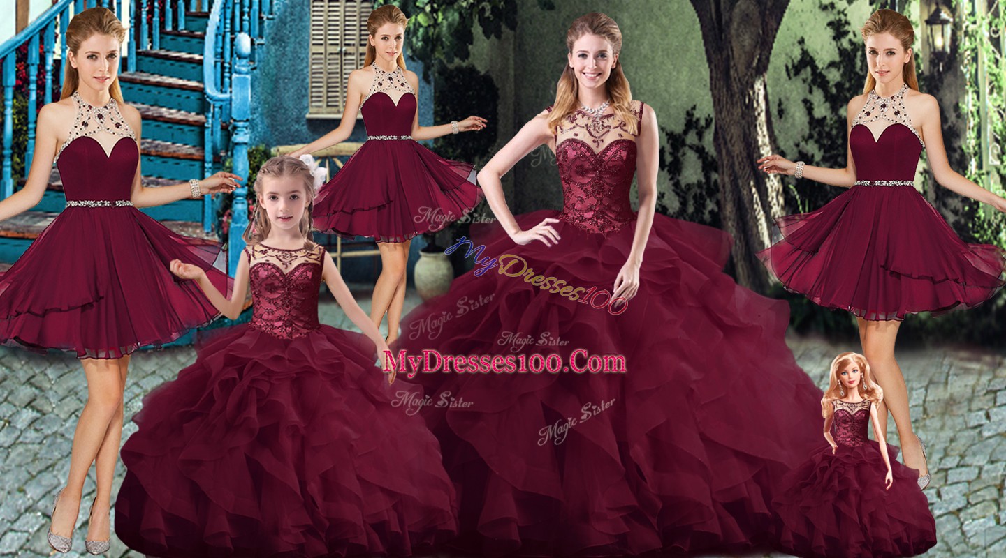 Burgundy Sleeveless Tulle Brush Train Lace Up Quinceanera Dresses for Military Ball and Sweet 16 and Quinceanera