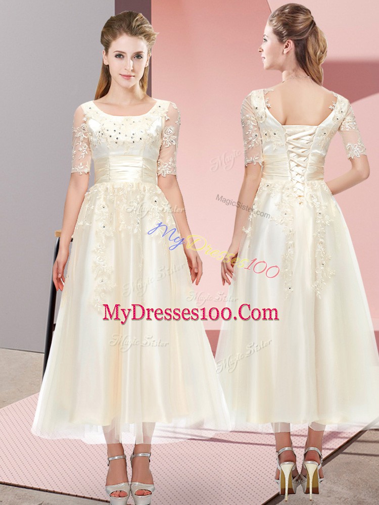 Sweet Champagne Short Sleeves Tea Length Beading and Lace Lace Up Bridesmaid Dress