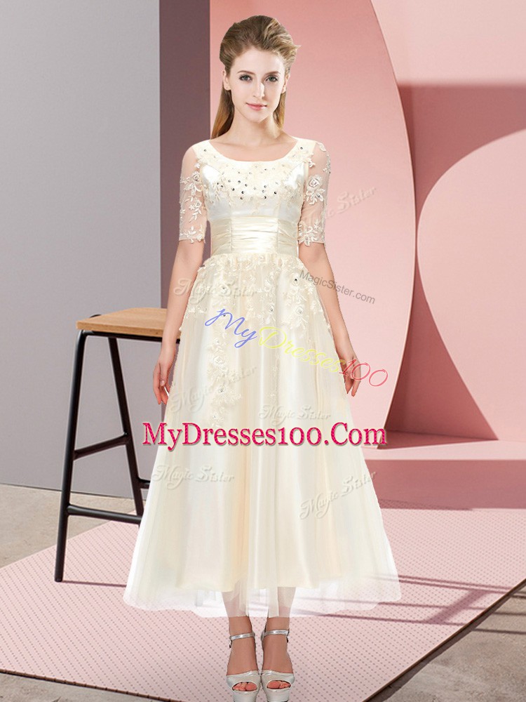 Sweet Champagne Short Sleeves Tea Length Beading and Lace Lace Up Bridesmaid Dress