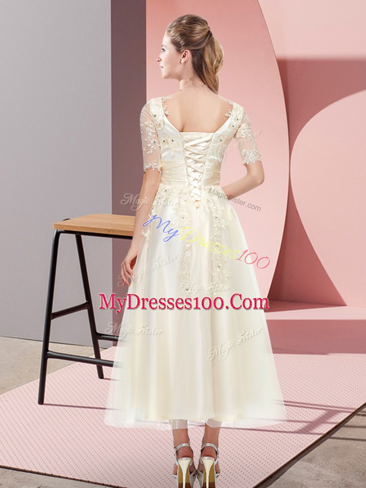 Sweet Champagne Short Sleeves Tea Length Beading and Lace Lace Up Bridesmaid Dress