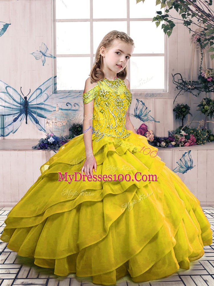 Admirable Sleeveless Floor Length Beading and Ruffled Layers Side Zipper Little Girls Pageant Dress Wholesale with Olive Green
