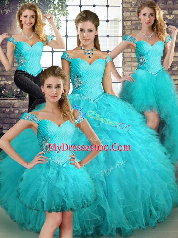 Aqua Blue Ball Gowns Beading and Ruffles 15 Quinceanera Dress Lace Up Tulle Sleeveless Floor Length