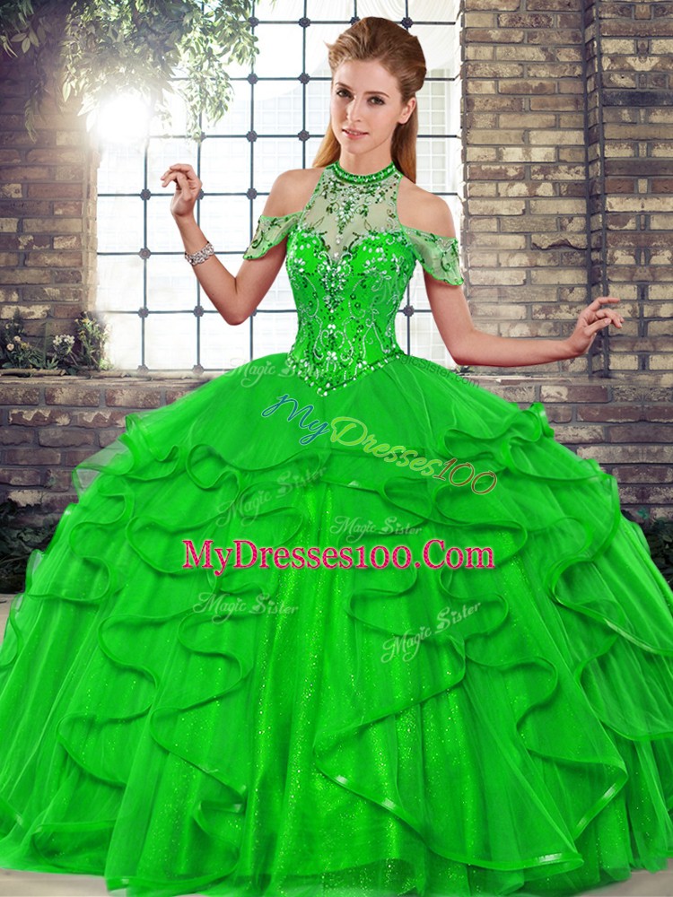 Green Ball Gowns Beading and Ruffles Vestidos de Quinceanera Lace Up Tulle Sleeveless Floor Length