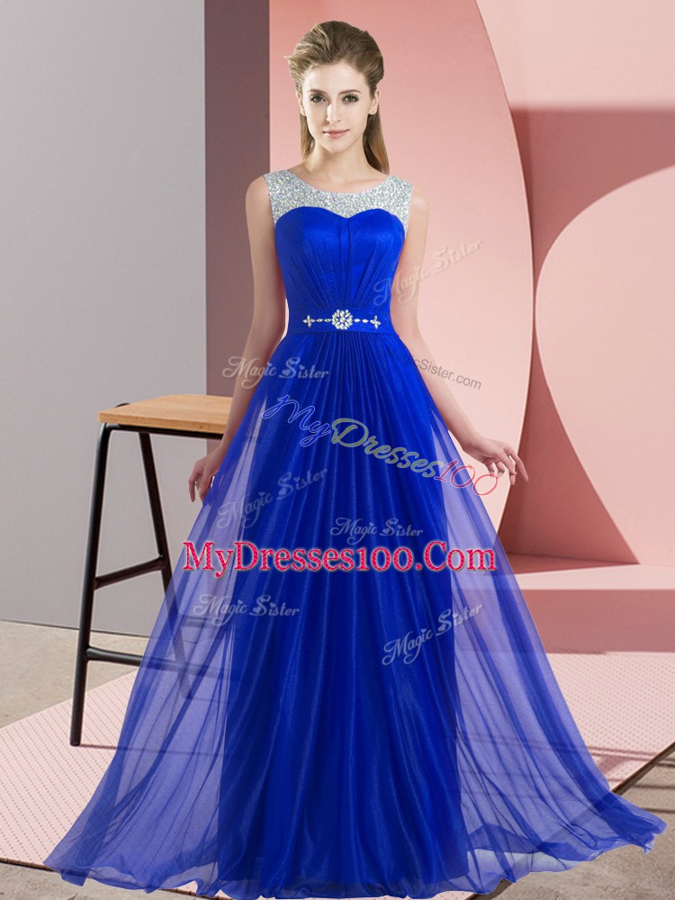 Exceptional Royal Blue Empire Chiffon Scoop Sleeveless Beading Floor Length Lace Up Quinceanera Dama Dress
