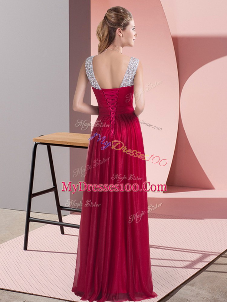 Exceptional Royal Blue Empire Chiffon Scoop Sleeveless Beading Floor Length Lace Up Quinceanera Dama Dress