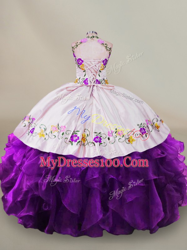 White And Purple High-neck Lace Up Embroidery Quinceanera Dress Sleeveless
