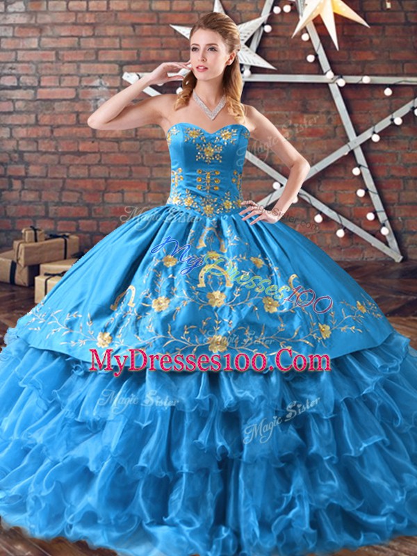 Superior Blue Ball Gowns Embroidery and Ruffled Layers Vestidos de Quinceanera Lace Up Satin and Organza Sleeveless Floor Length
