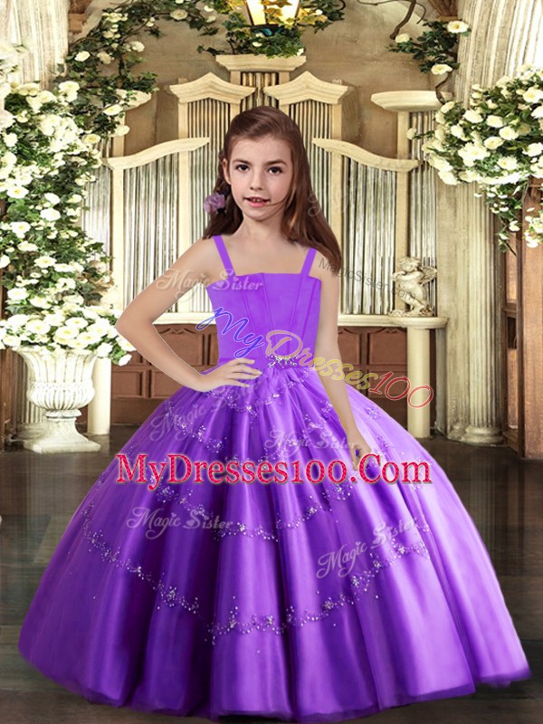 Purple Lace Up Little Girl Pageant Gowns Beading Sleeveless Floor Length