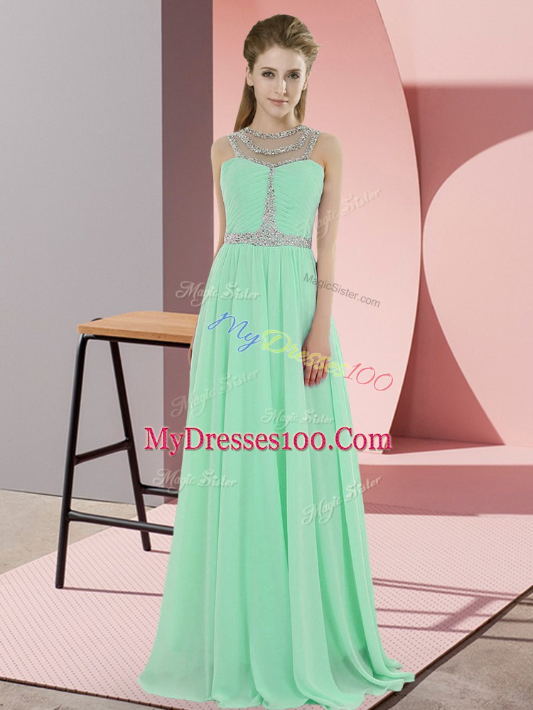 Apple Green Empire Chiffon Scoop Sleeveless Beading Floor Length Zipper Dress for Prom