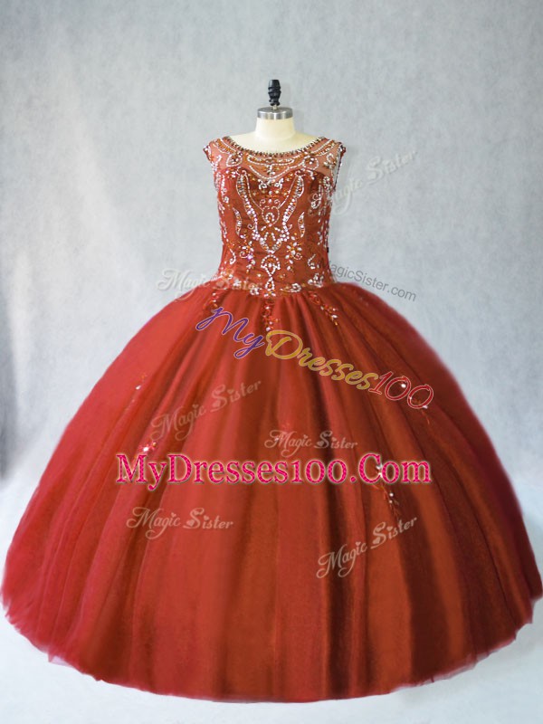 Rust Red Lace Up 15th Birthday Dress Beading Sleeveless Floor Length
