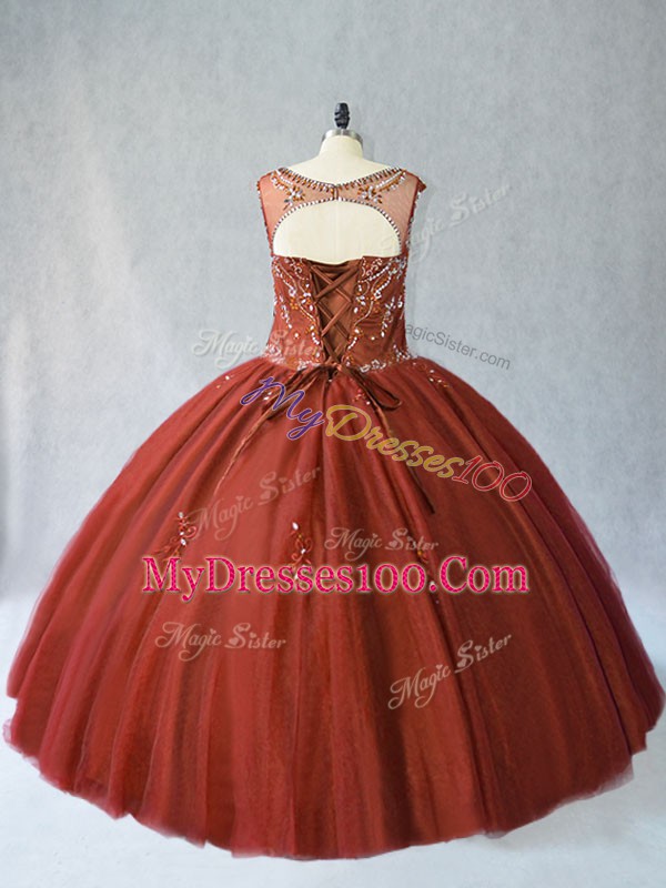 Rust Red Lace Up 15th Birthday Dress Beading Sleeveless Floor Length