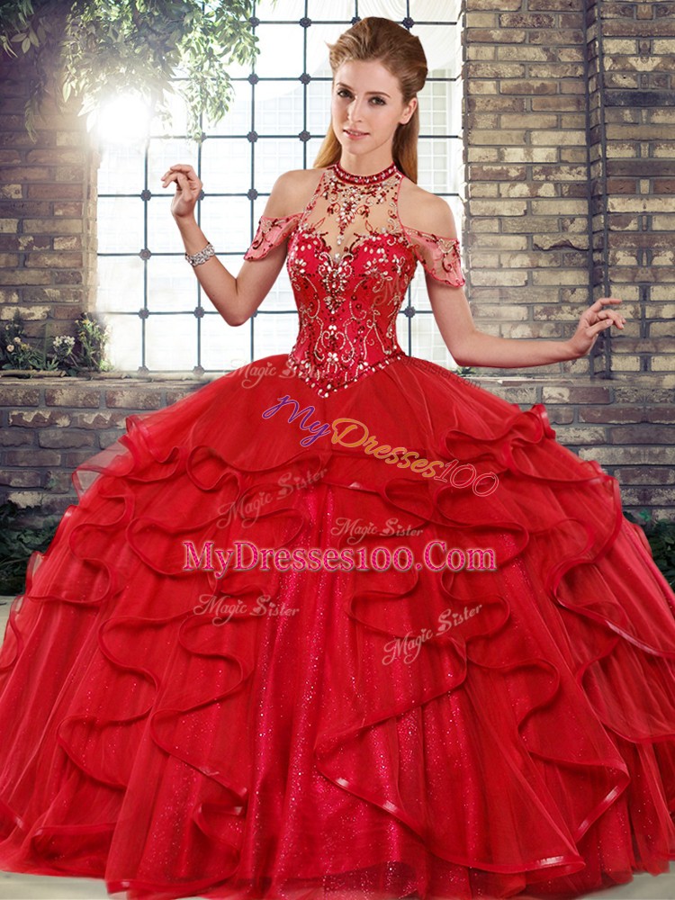 Custom Fit Sleeveless Lace Up Floor Length Beading and Ruffles Sweet 16 Dresses