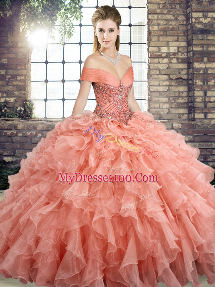 Pretty Peach Lace Up Off The Shoulder Beading and Ruffles Quinceanera Dress Organza Sleeveless Brush Train