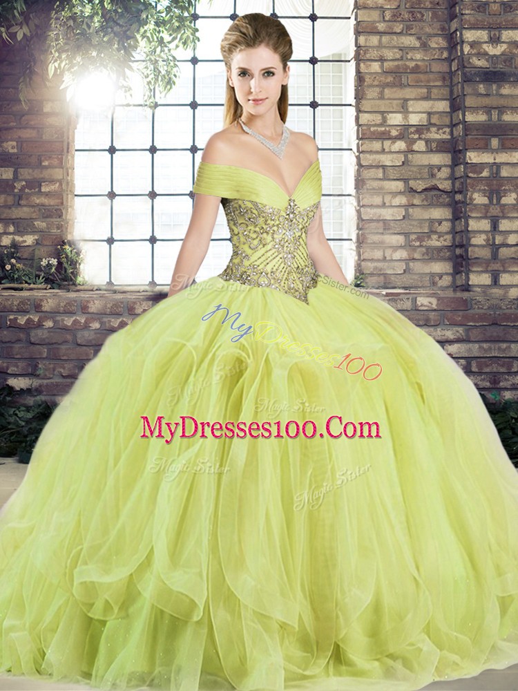Off The Shoulder Sleeveless Sweet 16 Quinceanera Dress Floor Length Beading and Ruffles Yellow Green Tulle