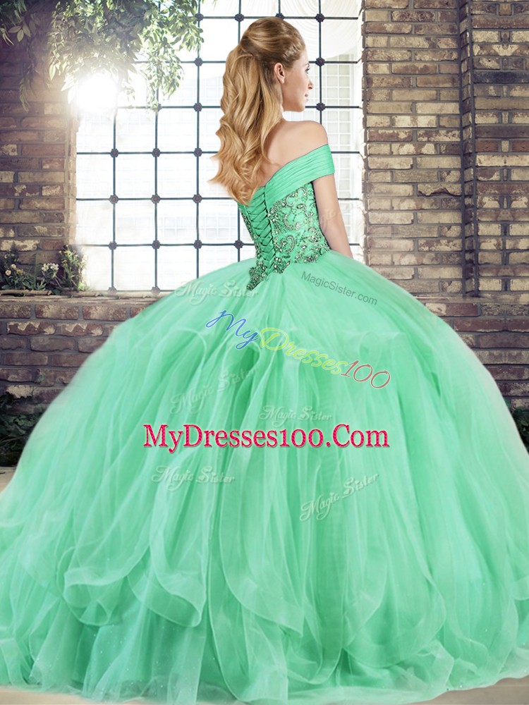Off The Shoulder Sleeveless Sweet 16 Quinceanera Dress Floor Length Beading and Ruffles Yellow Green Tulle