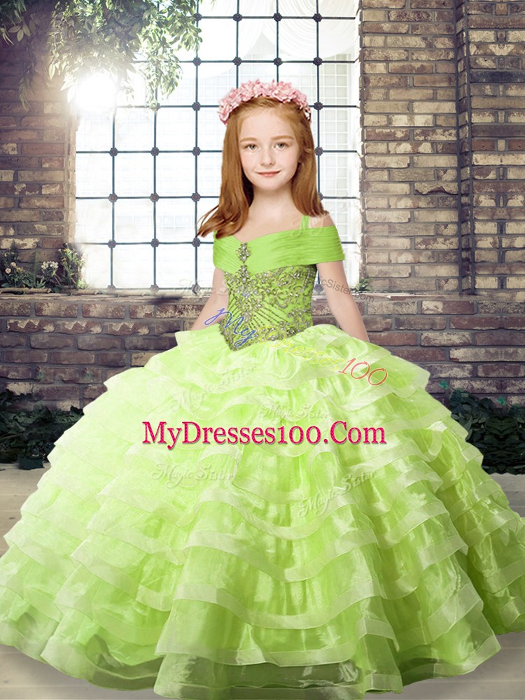 New Arrival Organza Straps Sleeveless Brush Train Lace Up Beading and Ruffled Layers Little Girls Pageant Dress Wholesale in Yellow Green