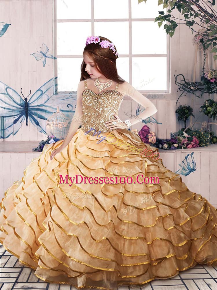 Organza Sleeveless Kids Formal Wear Court Train and Beading and Ruffled Layers