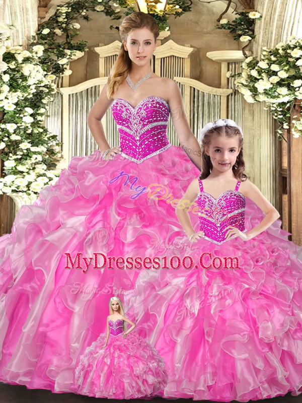 Rose Pink Sleeveless Beading and Ruffles Floor Length Sweet 16 Dresses