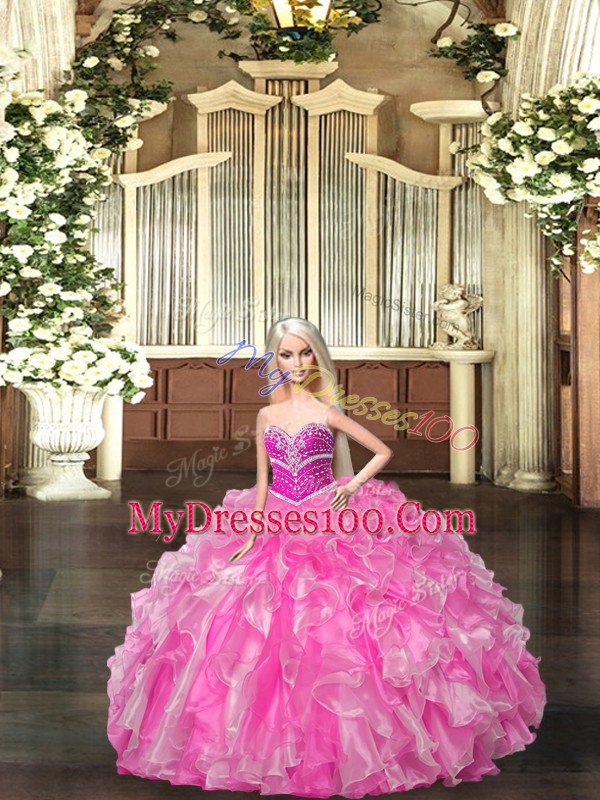 Rose Pink Sleeveless Beading and Ruffles Floor Length Sweet 16 Dresses