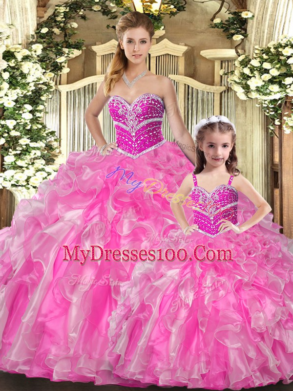 Rose Pink Sleeveless Beading and Ruffles Floor Length Sweet 16 Dresses
