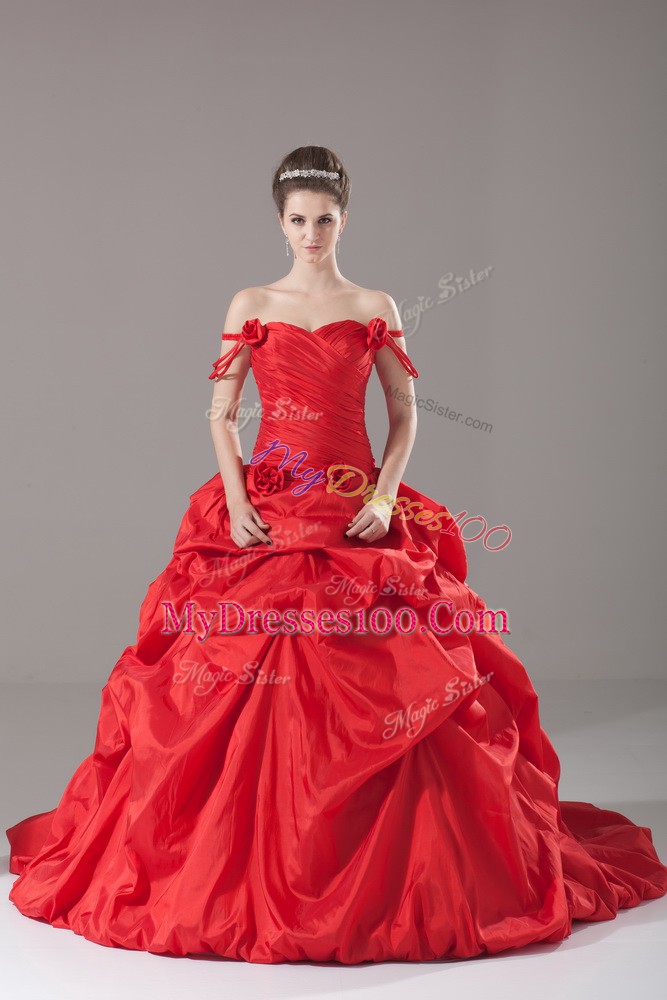 Sleeveless Ruching and Pick Ups and Hand Made Flower Lace Up Sweet 16 Quinceanera Dress with Red Brush Train